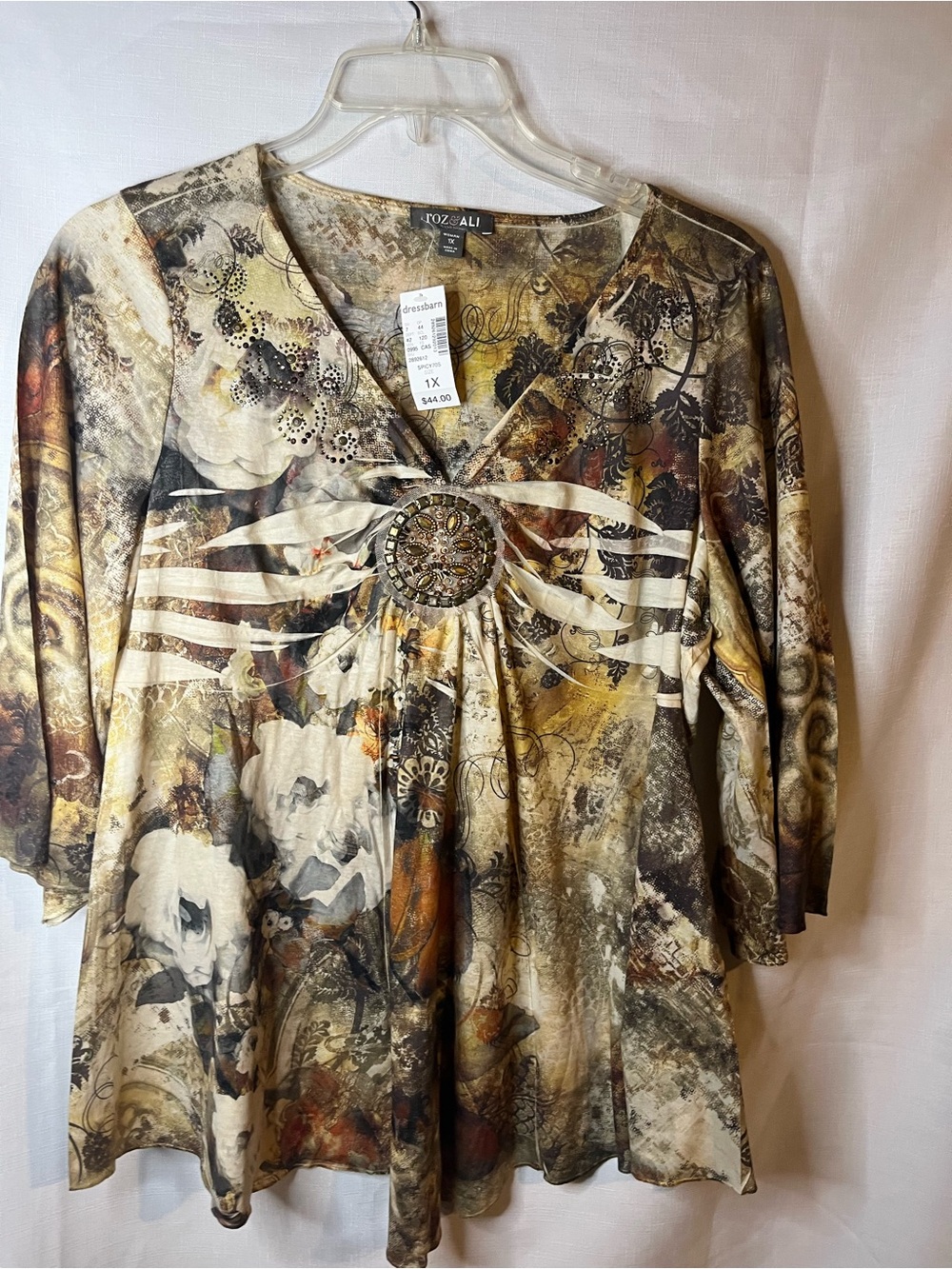 Roz & Ali Brown Floral Medallion V-Neck Tunic